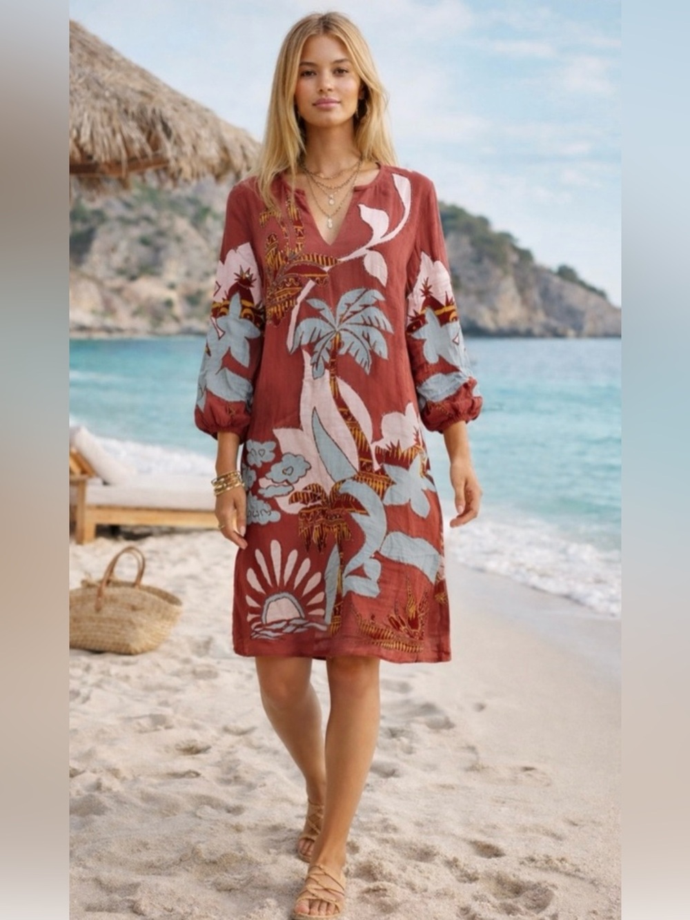 Soft Surroundings tropical-embroidered long-sleeve shift dress Size Large